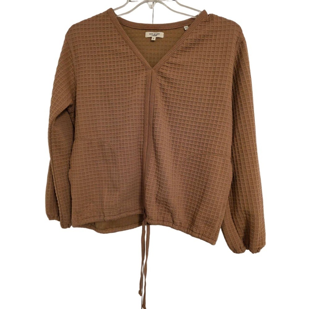 Max Studio Brown Long Sleeve V Neck Waffle‎ Knit Drawstring Hem Casual Top Small